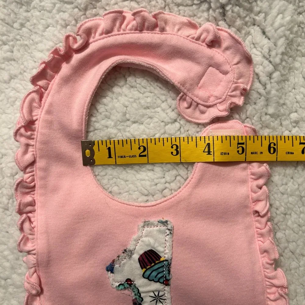 Pink Newborn Bib, 1st Birthday Ragged Edge Applique with Cupcake Design